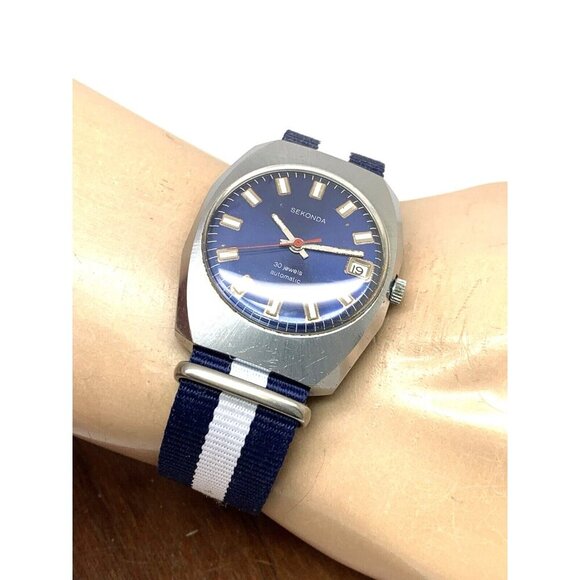 Sekonda Men's Watch Vintage USSR Automatic Blue Dial Date Nylon Strap 36mm - Picture 5 of 14